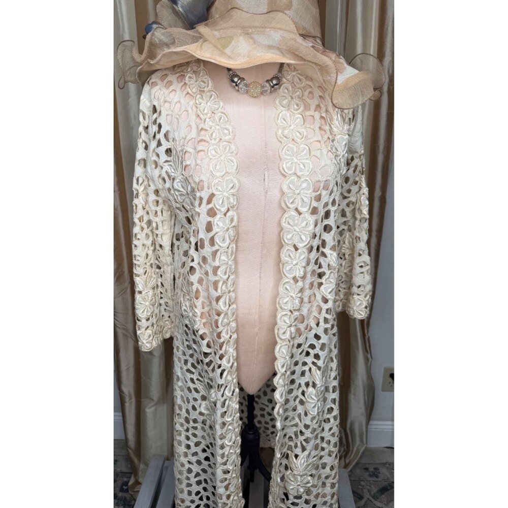 VTG 70s  Chuchi Crochet Lace Long Kimono Cardigan M Ivory Duster fairy coquette